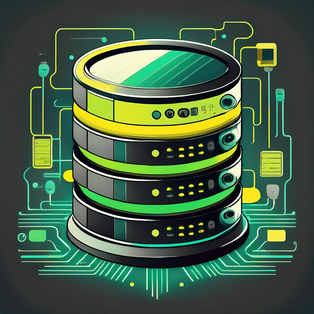 database in grey, teal, lime green and yellow