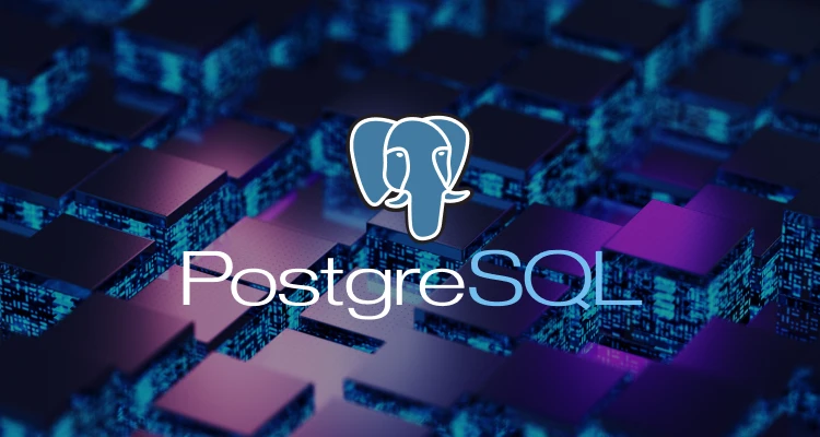 The PostgreSQL logo, featuring an abstract elephant head, is centered over a background of glowing, futuristic, 3D blocks in shades of blue and purple. The word PostgreSQL is displayed below the logo.