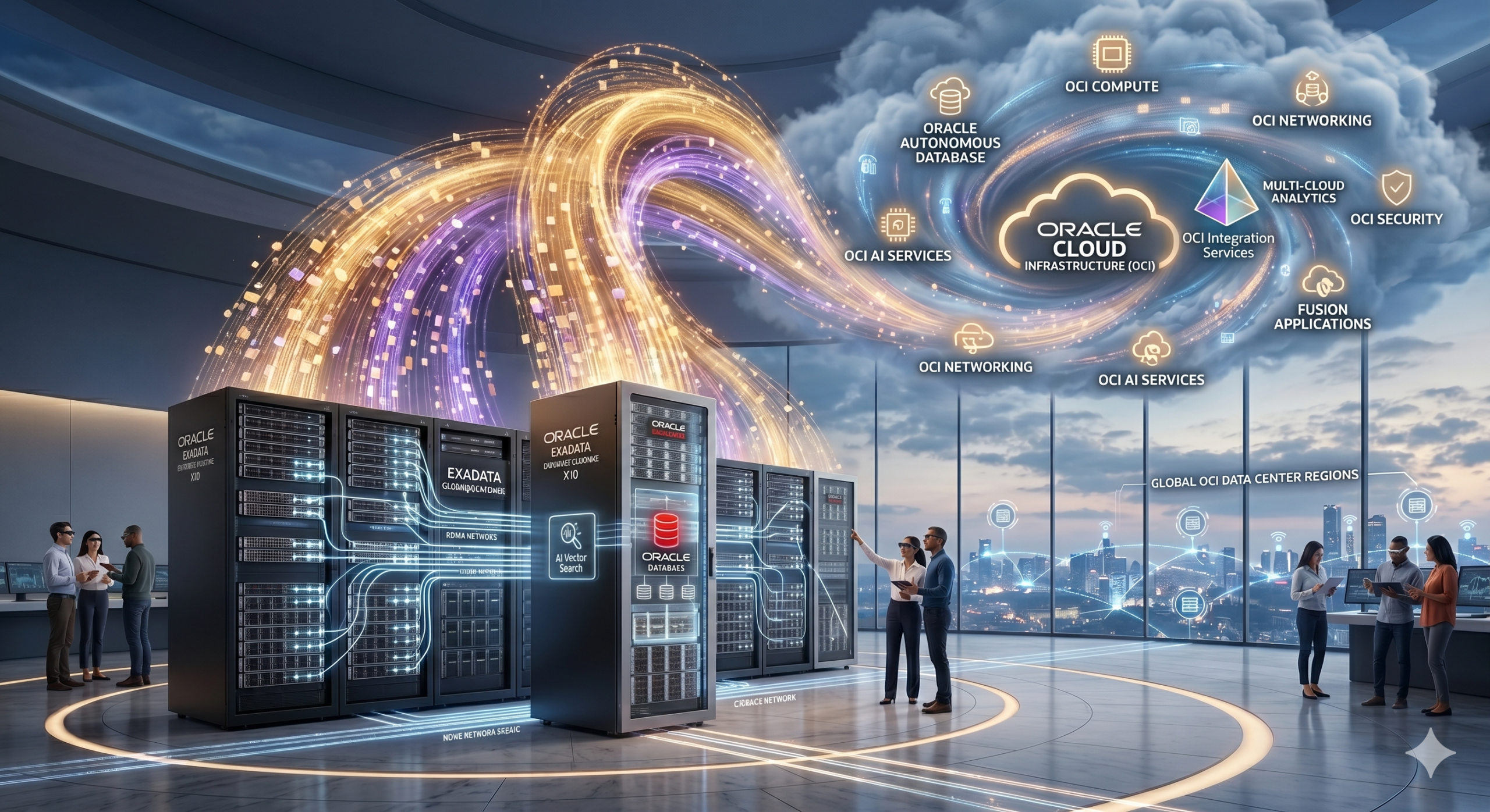 A futuristic data center with Oracle Exadata servers connects to an Oracle Cloud Infrastructure labeled cloud, surrounded by icons for analytics, networking, AI, security, and applications. People interact with screens showcasing Managed Services.