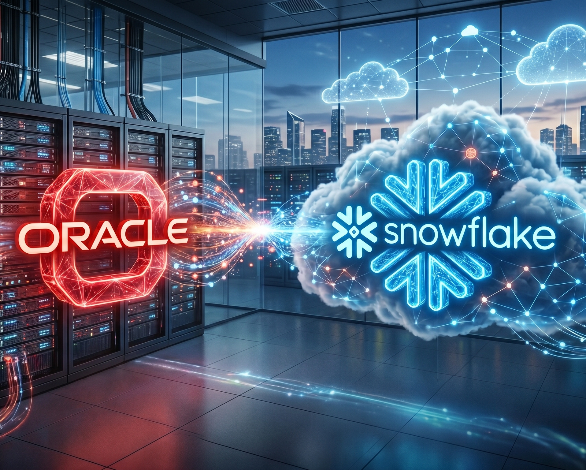A server room with glowing Oracle and Snowflake logos connected by a stream of digital data, symbolizing cloud migration from Oracle to Snowflake platforms. City skyline and data icons appear in the background.