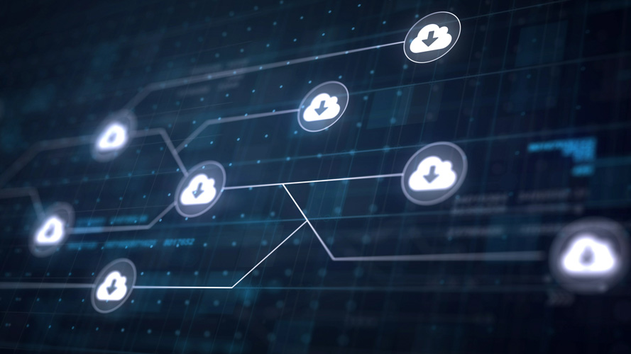 A digital illustration of interconnected cloud icons on a dark, futuristic background, representing cloud computing, data sharing across a network, and enhanced cloud security.