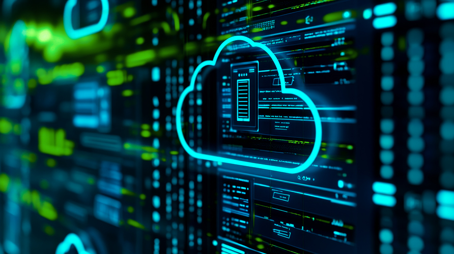 A glowing blue cloud icon overlays digital data and code on a dark screen, representing cloud services, computing, and data storage technology. Neon green and yellow elements highlight the digital interface.