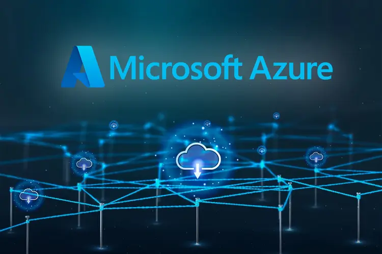 Digital graphic featuring the Microsoft Azure logo above a network of interconnected glowing blue lines and cloud icons, symbolizing cloud computing, data connectivity, and robust Azure Platform Support.