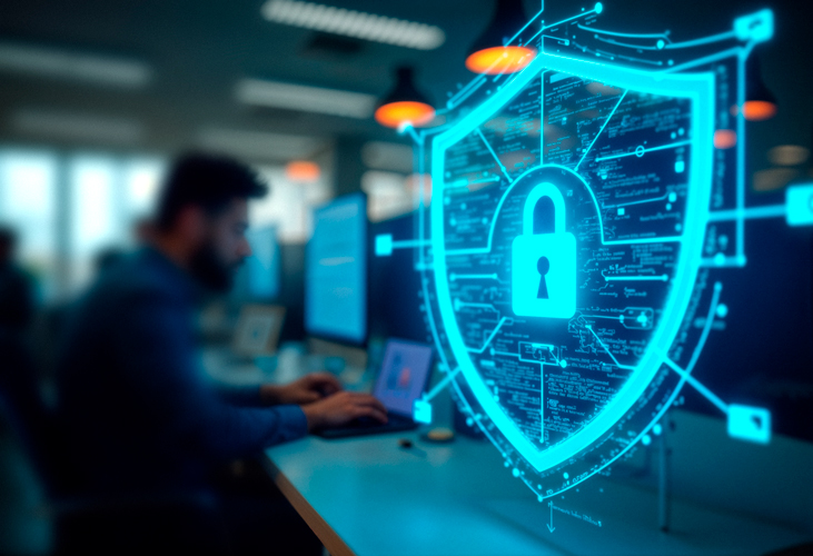 A person works at a computer in an office, with a large glowing digital shield and padlock graphic symbolizing data security and cybersecurity overlayed in the foreground.