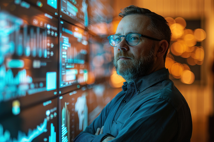 A man with glasses and a beard stands with arms crossed, looking thoughtfully at large digital screens displaying various graphs and data visualizations, highlighting advanced database services in a dimly lit, high-tech environment.