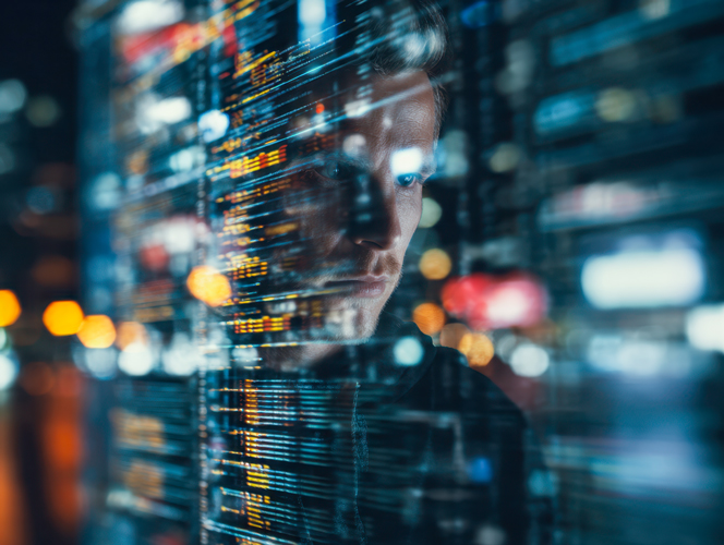 A person’s face is seen through a transparent overlay of computer code, data, and Database Services on a dark, blurry background with city lights, suggesting technology, coding, or cybersecurity themes.