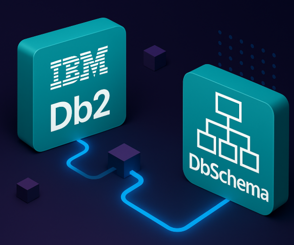 A digital illustration showing two blocks: one labeled IBM Db2 and the other labeled DbSchema with a flowchart icon, connected by a glowing blue line on a dark background.
