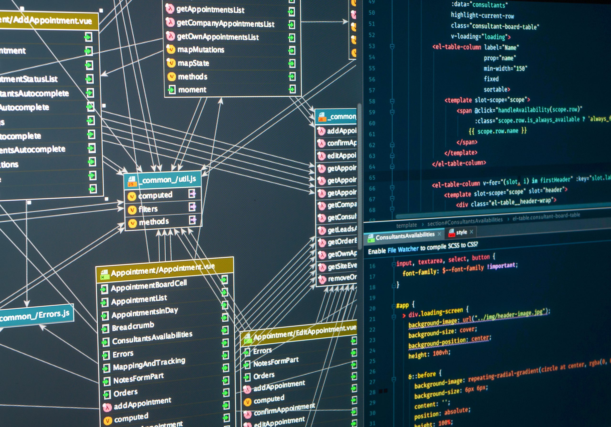 A computer screen displays a complex database schema diagram with interconnected tables on the left and colorful code editor windows with programming scripts on the right, illustrating an Oracle to PostgreSQL migration process.