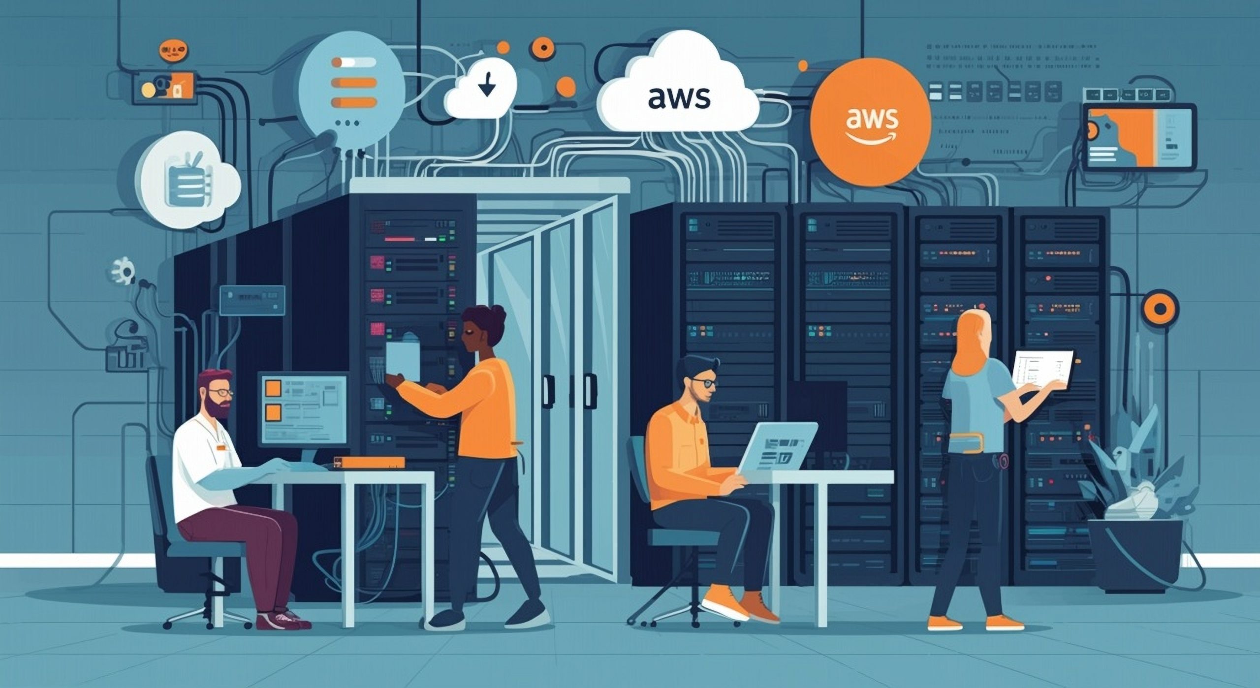 Illustration of people working with servers and cloud computing equipment in a data center, surrounded by screens, cables, and AWS cloud icons, highlighting teamwork and modern Cloud Managed Services infrastructure.