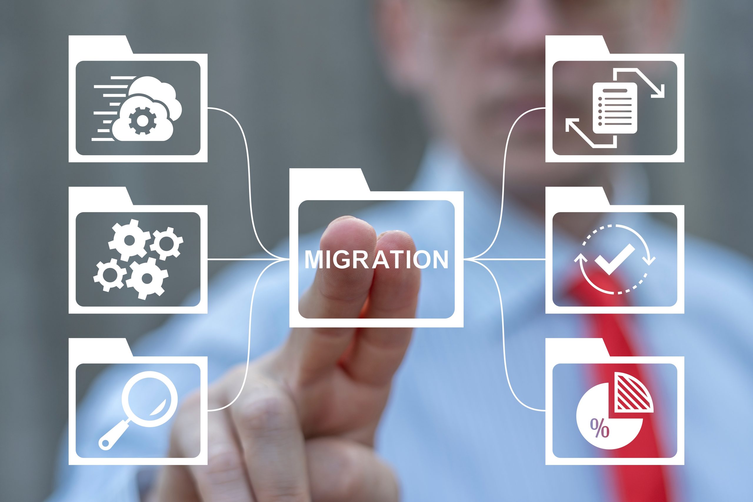 A person in business attire touches a virtual screen displaying a central folder labeled MIGRATION, connected to icons for cloud migration, Oracle to Snowflake migration, documents, gears, checklist, magnifying glass, and a percentage chart.