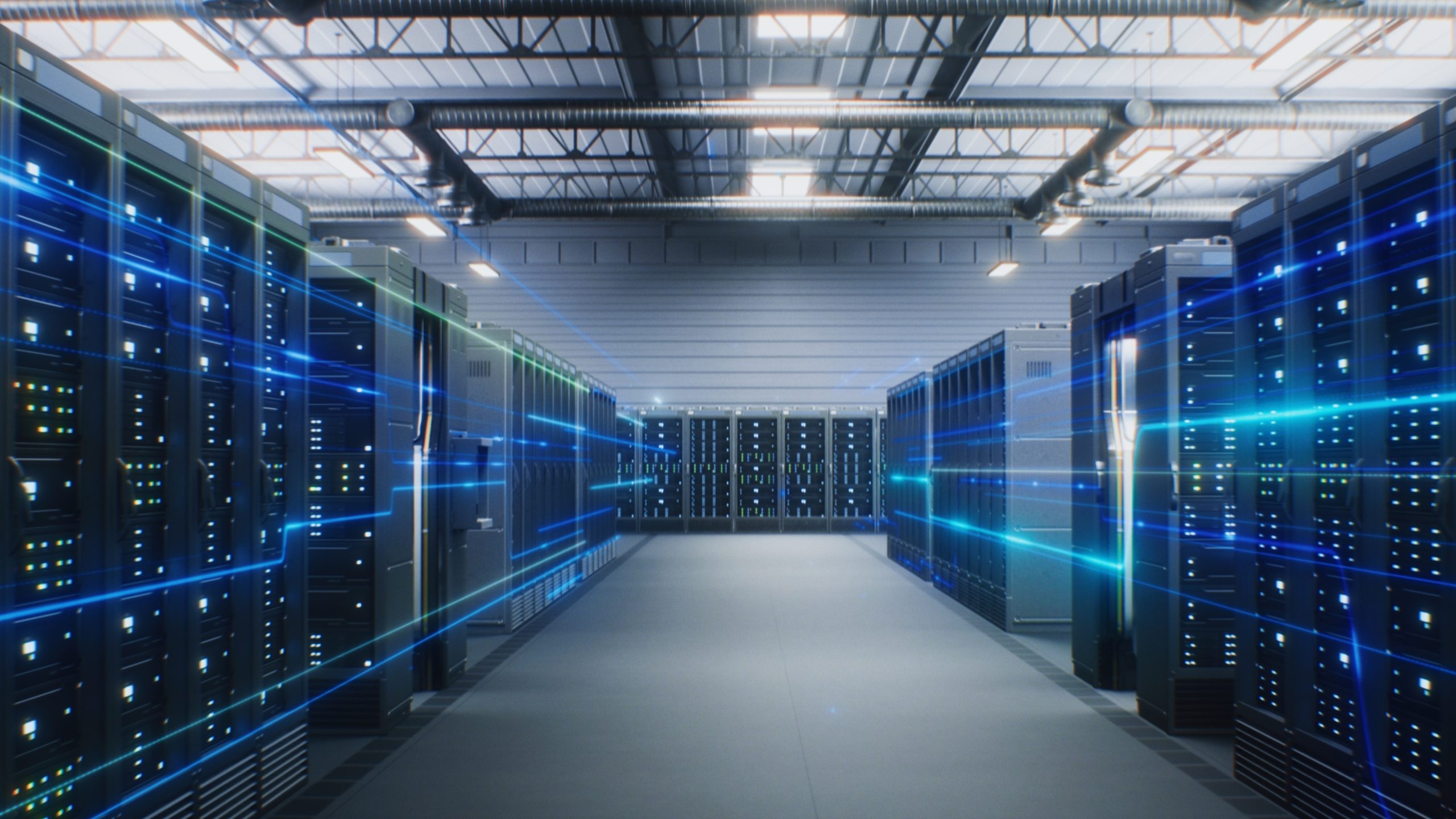 A modern server room with rows of server racks on both sides. Blue digital lines and glowing lights illustrate data flow, connectivity, and advanced Data Management in this high-tech environment.