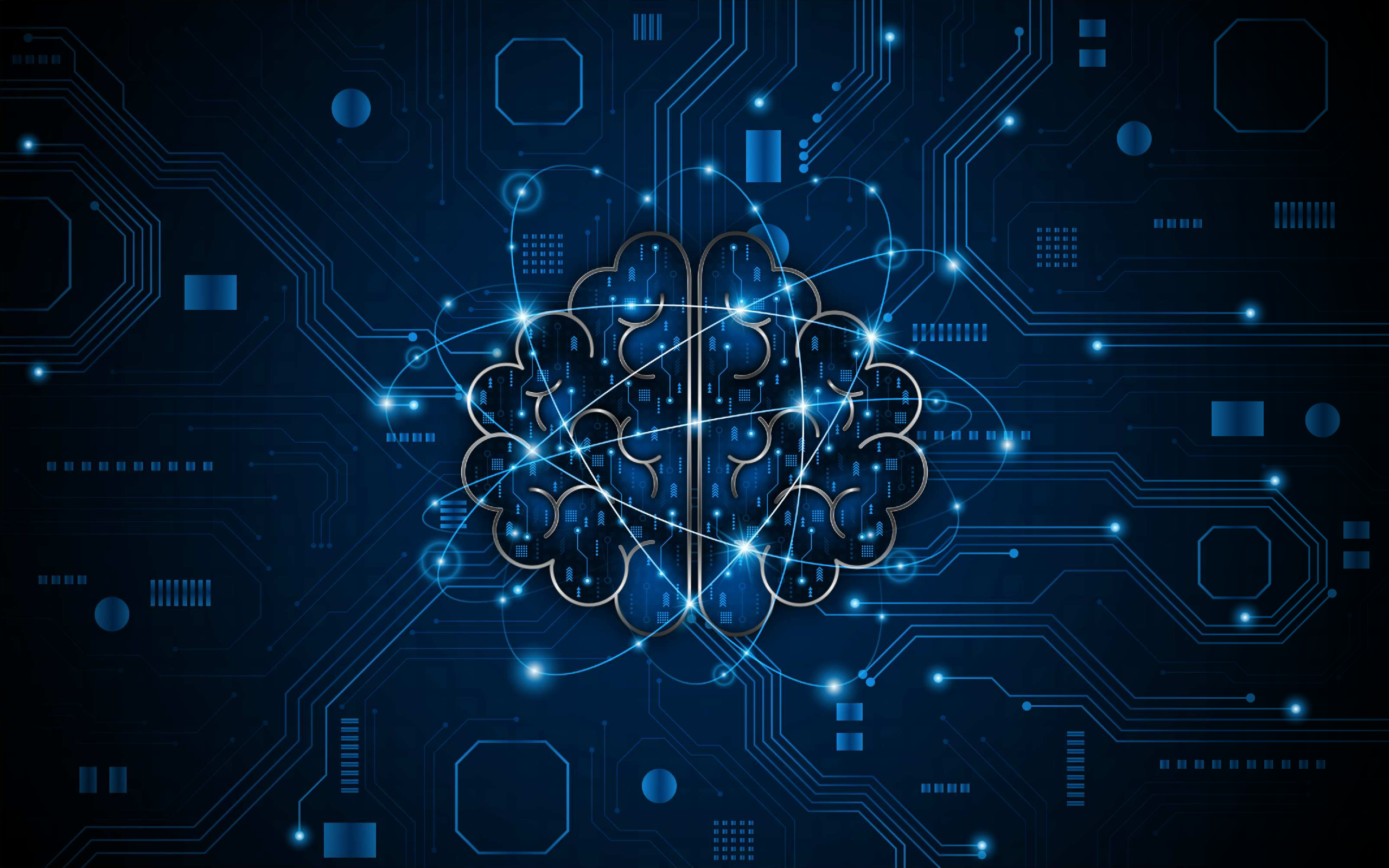 A glowing digital brain outlined with circuitry and neural network lines is set against a dark blue background filled with electronic circuit patterns and glowing nodes, symbolizing artificial intelligence, analytics, visualization, and technology.