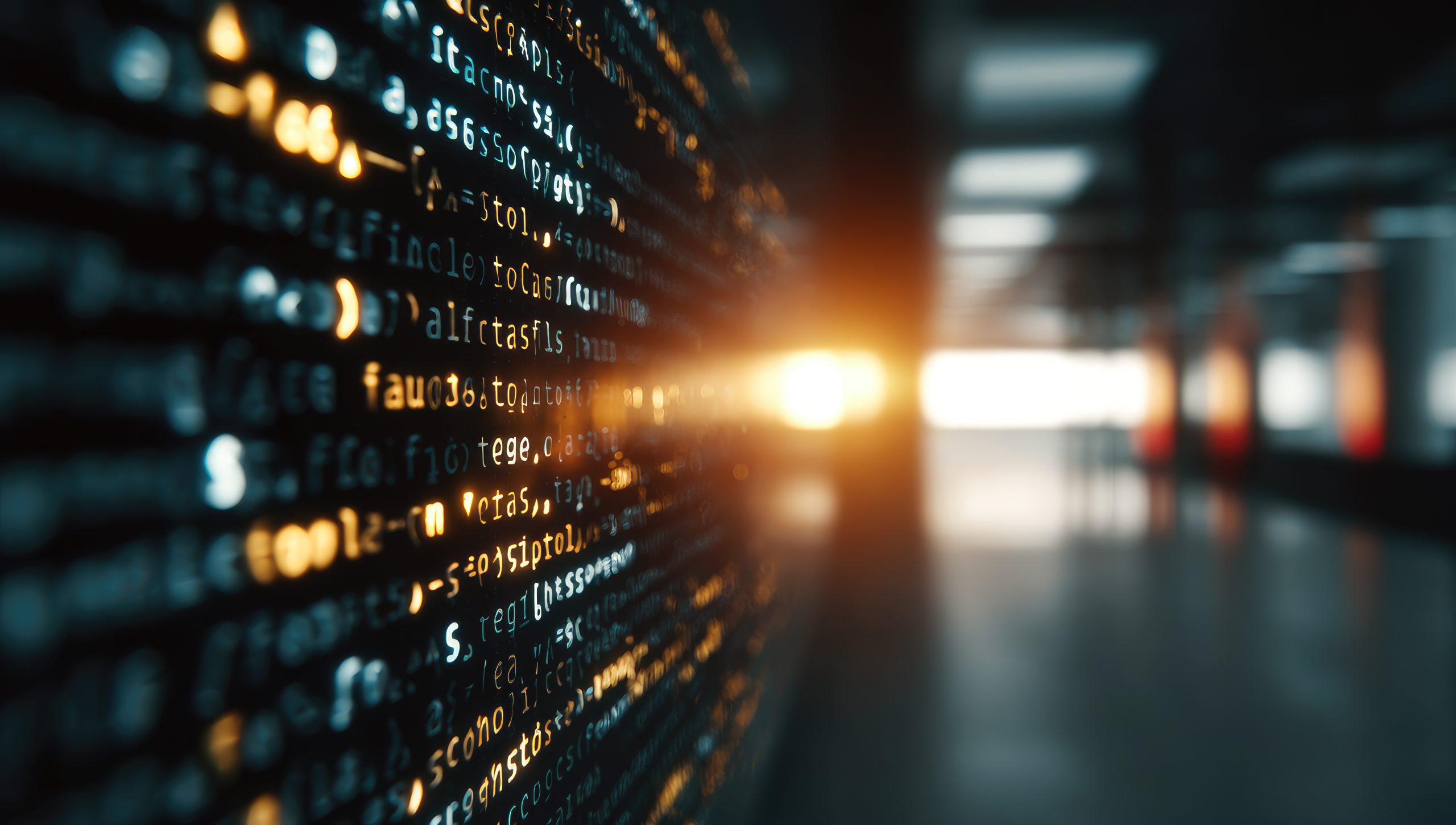 A close-up of glowing computer code on a dark screen, hinting at advanced cloud architecture, with a blurred office corridor and bright sunlight streaming through windows in the background.