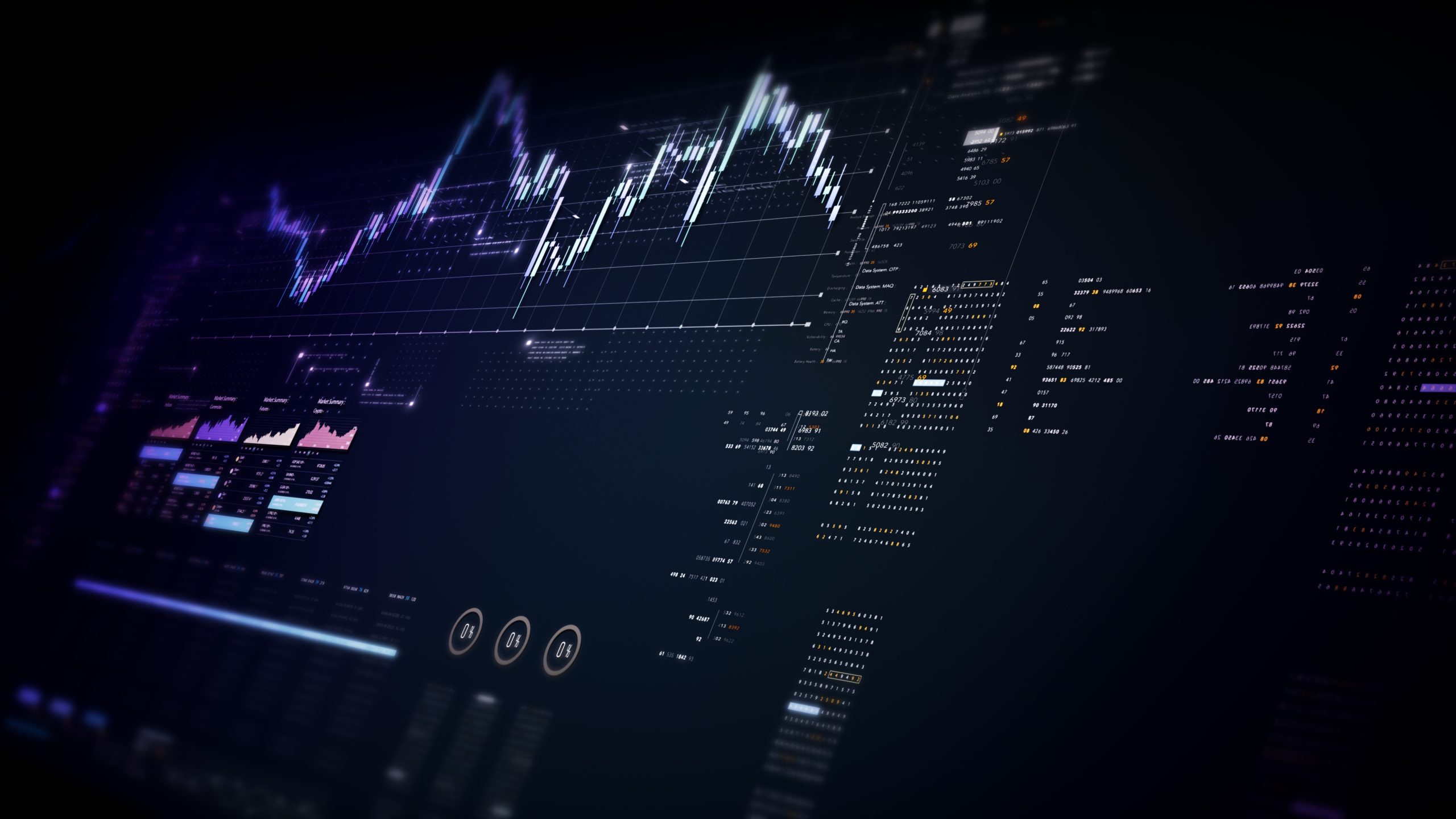 A digital screen displays a complex financial chart with candlestick graphs, data tables, and analytics in a dark, futuristic interface, indicating stock market or cryptocurrency trading activity.