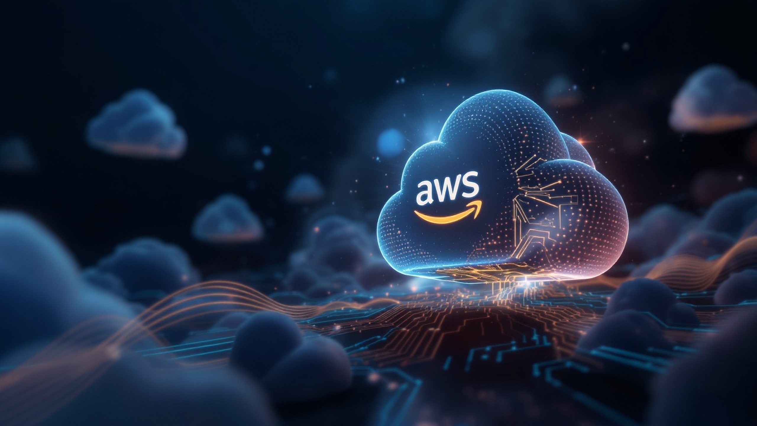 A glowing digital cloud with the AWS logo floats above a circuit-like surface, surrounded by smaller clouds, highlighting AWS Cloud Migration and symbolizing cloud computing and technology.