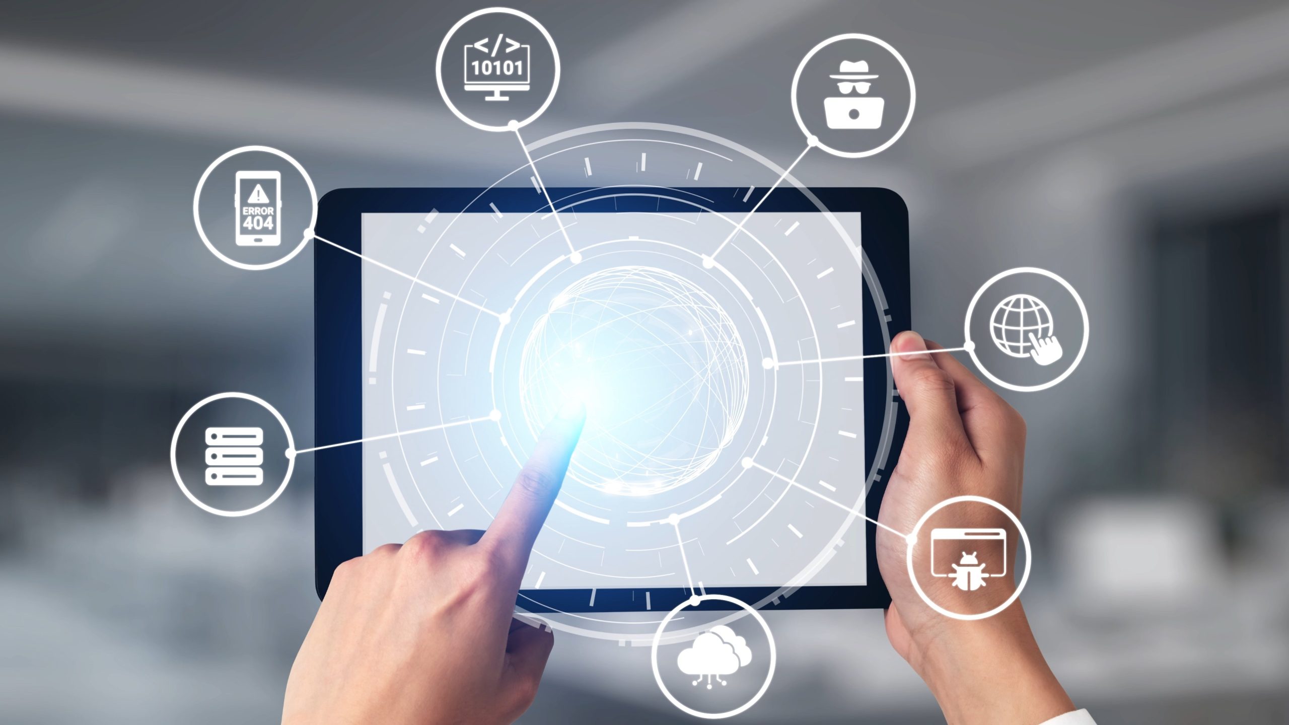 A person holds a tablet and touches its screen, which displays a glowing digital network. Around the tablet are icons representing cybersecurity concepts like a firewall, cloud, malware, data, and GitHub platform support.