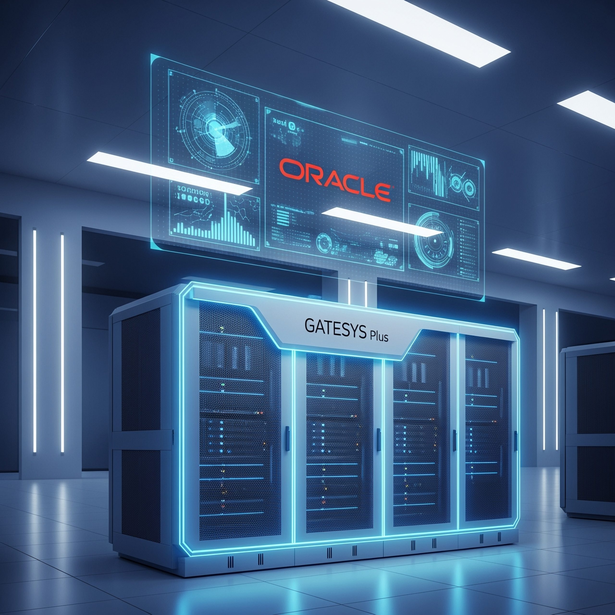 A futuristic server room with glowing blue servers labeled GATESYS Plus and a digital display above showing graphics, charts, and the word ORACLE in red highlights seamless Oracle Cloud Migration in a modern, high-tech environment.