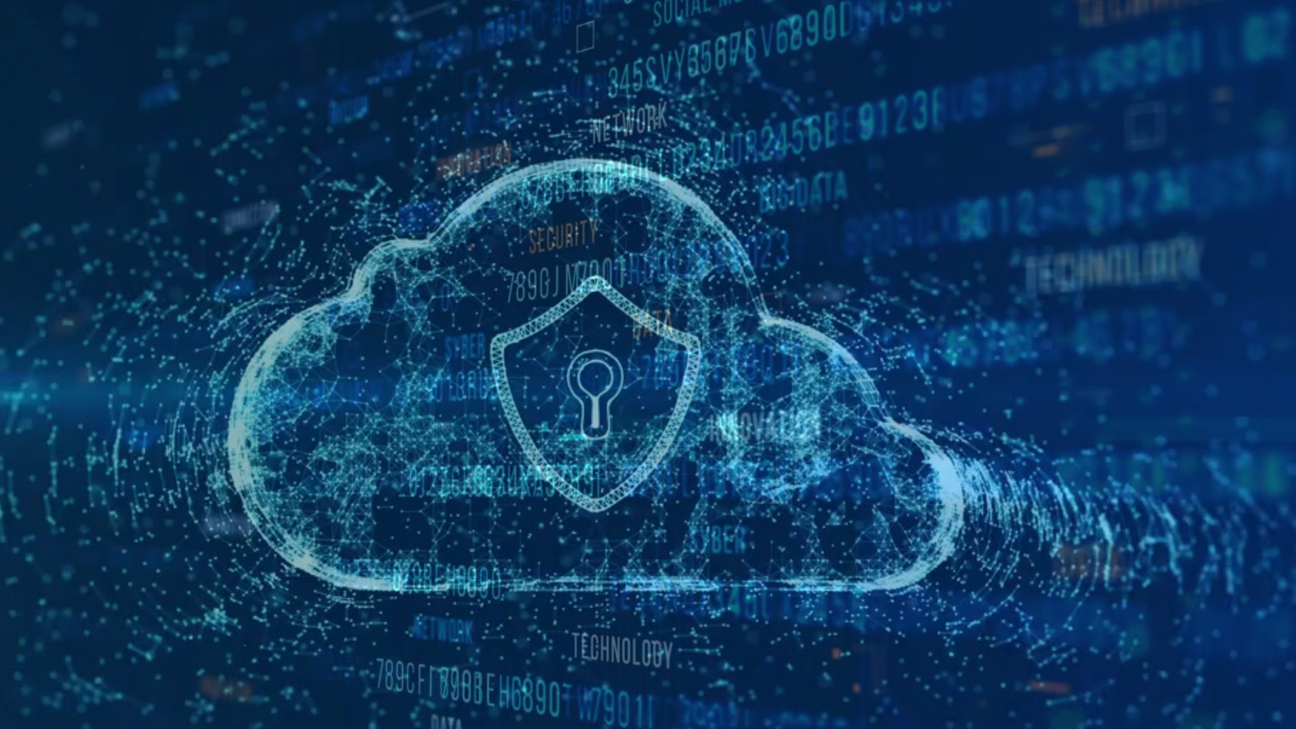 A digital illustration of a cloud symbol with a padlock inside, representing cloud security and cybersecurity, is overlaid on a blue background with binary code and abstract data patterns.