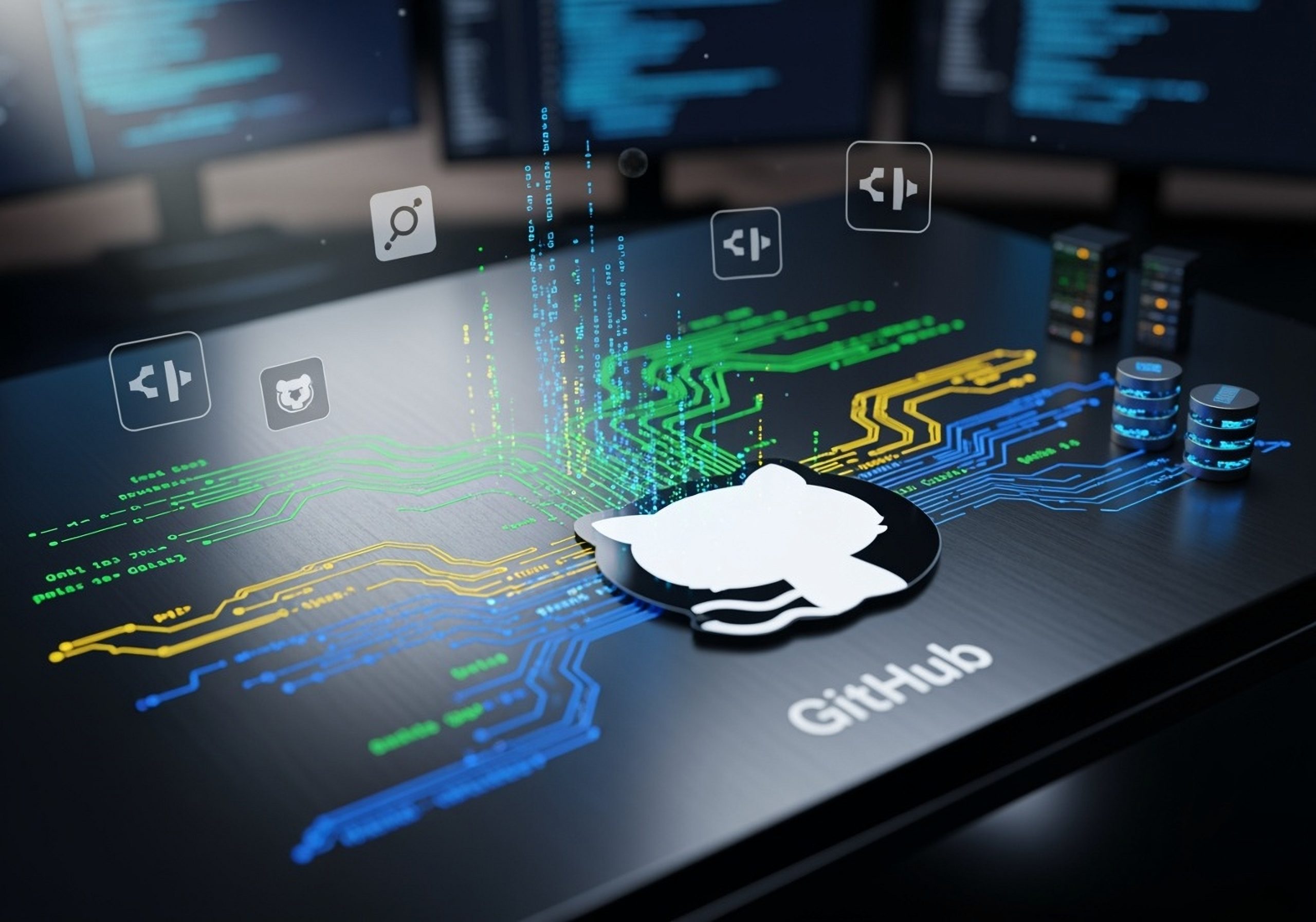 A digital rendering of a GitHub logo on a desk with colorful circuit lines, code symbols, and floating icons highlights software development, data integration, and platform support. Computer monitors with code are in the background.