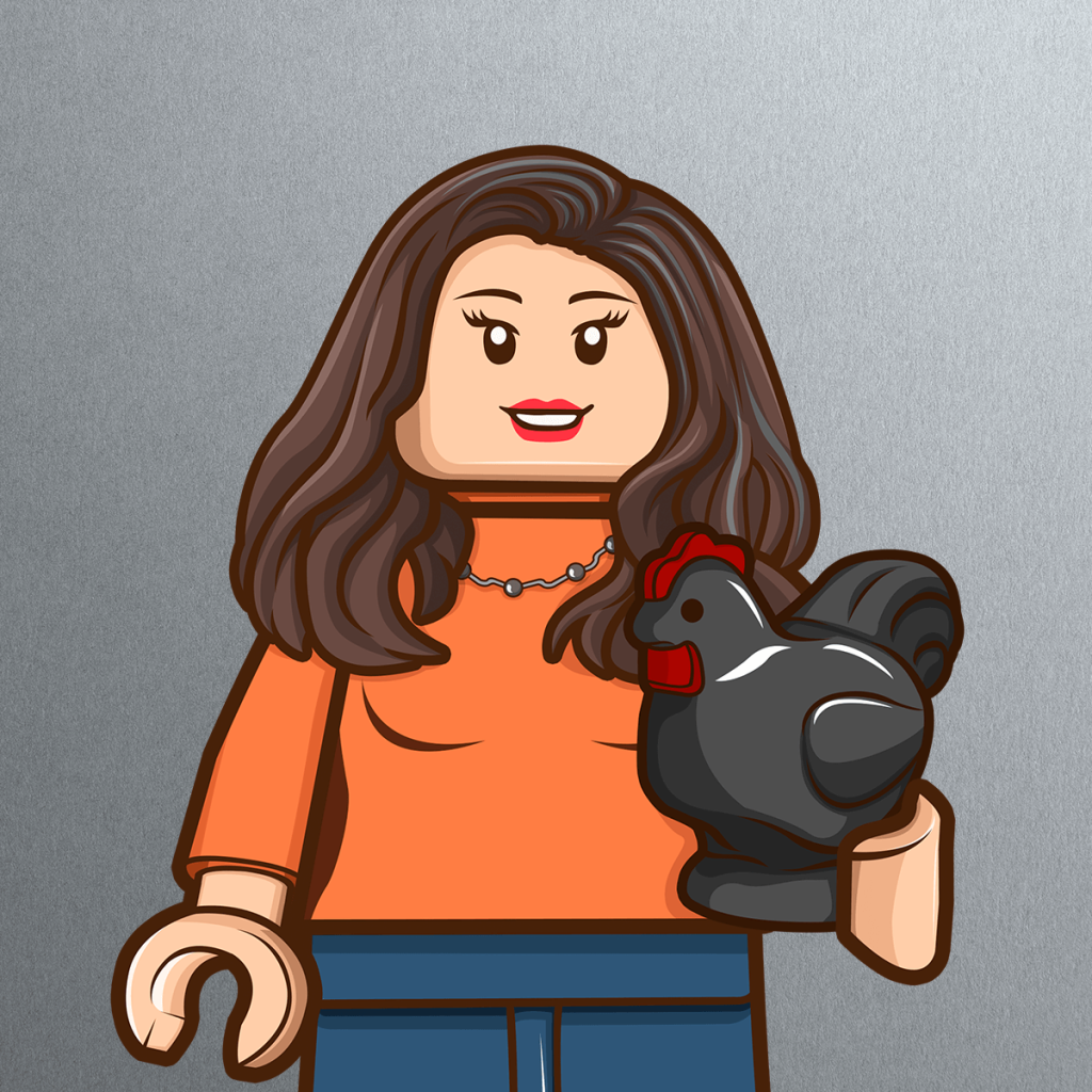 A LEGO-style figure with long brown hair, wearing an orange top and blue pants, holds a black chicken figurine and smiles against a gray background.