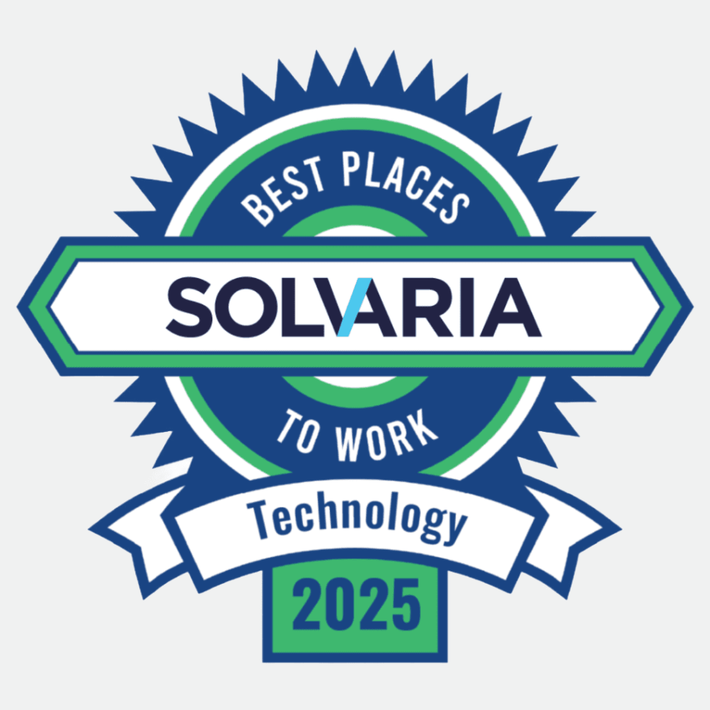 A blue and green badge with Best Places to Work, Solvaria, Technology, and 2025 written on it, signifying an award for top workplaces in technology for the year 2025.