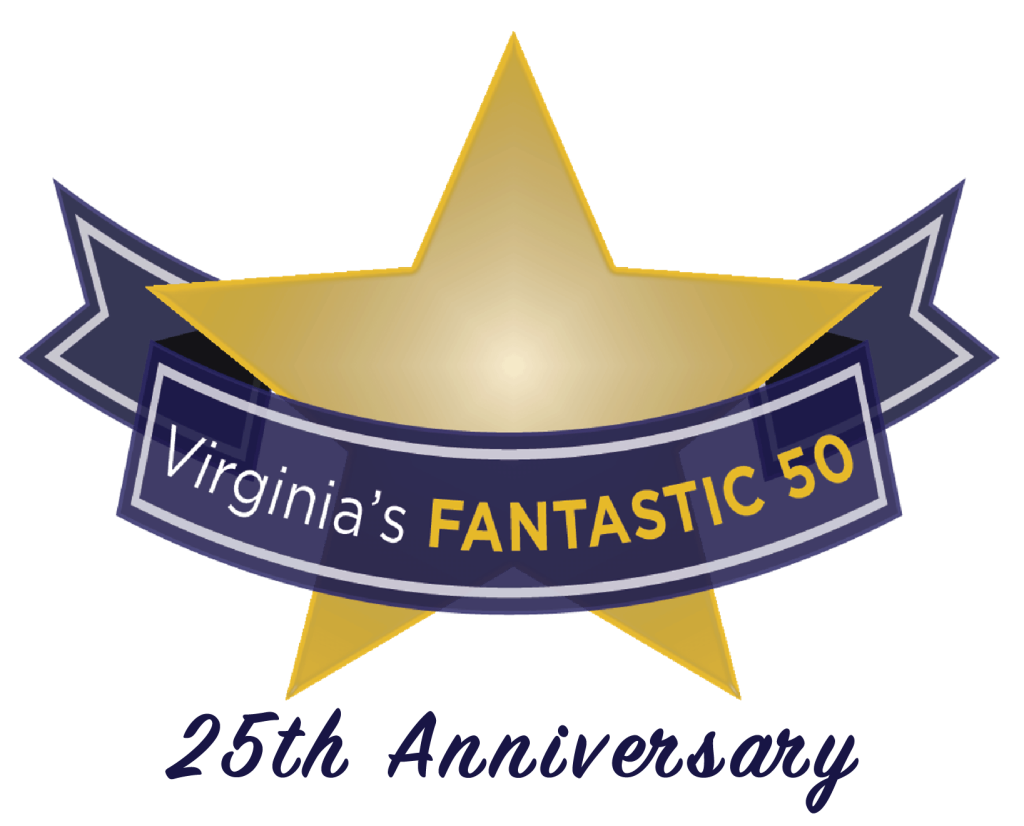 A gold star with a navy banner across it reads Virginias FANTASTIC 50. Below the star, text says 25th Anniversary. The design marks the 25th anniversary of Virginia’s Fantastic 50 event.