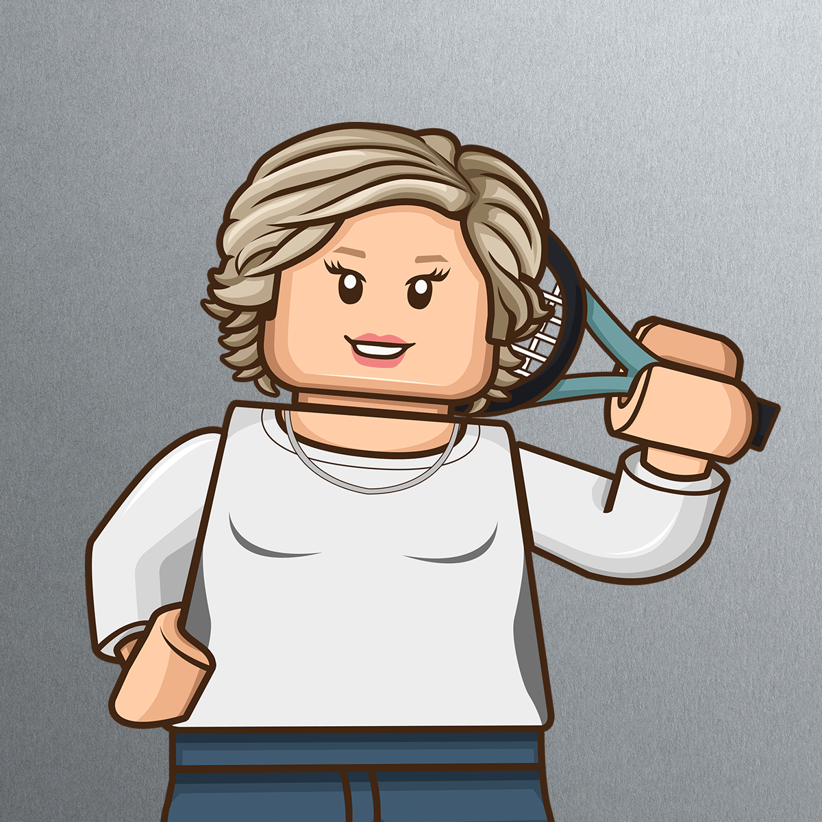 Illustration of a LEGO-style woman with short, wavy gray hair, smiling, wearing a white shirt and blue pants, holding a tennis racket over her shoulder against a gray background.