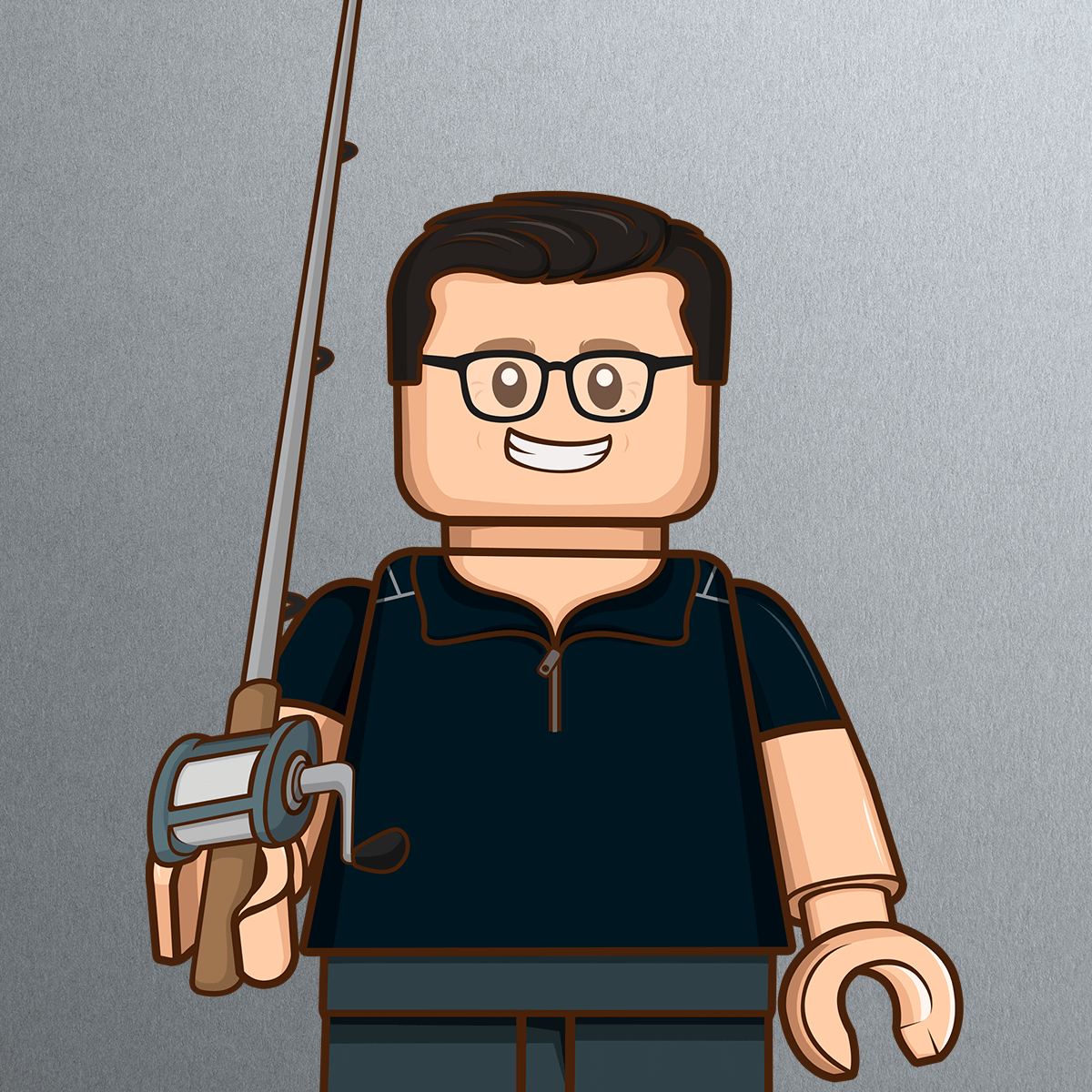Illustration of a smiling LEGO-style figure resembling Greg Samuels, with glasses, black hair, and a navy shirt, holding a fishing rod in one hand, set against a plain gray background.
