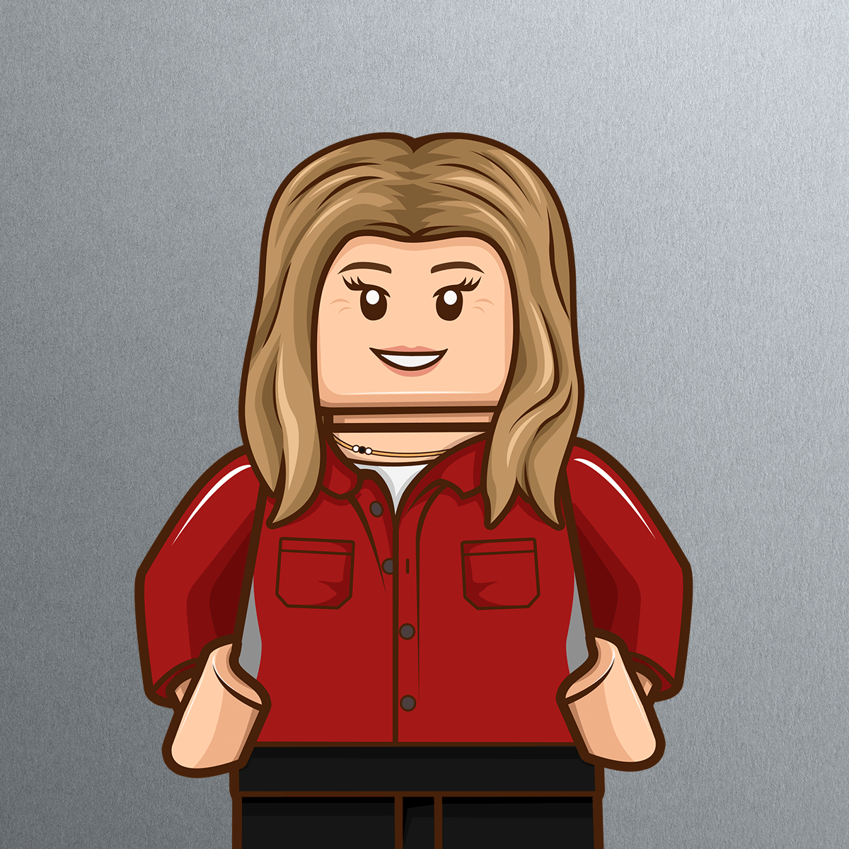 A smiling LEGO-style figure with long, light brown hair, wearing a red button-up shirt over a white top and black pants, stands against a gray, textured background.