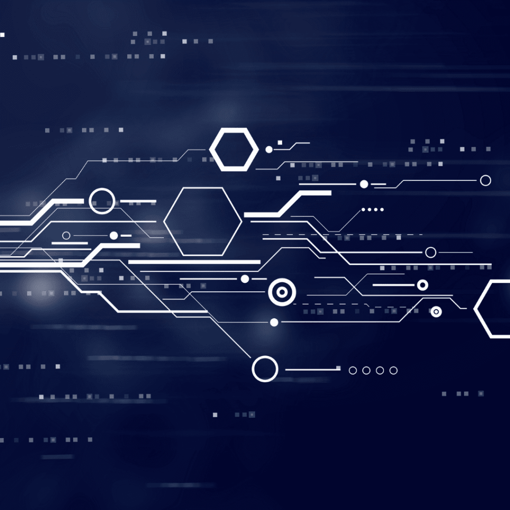 Abstract digital background with white geometric circuit lines, hexagons, and circles on a dark blue gradient. The design evokes technology, connectivity, and optimizing database performance through modern partitioning strategies.