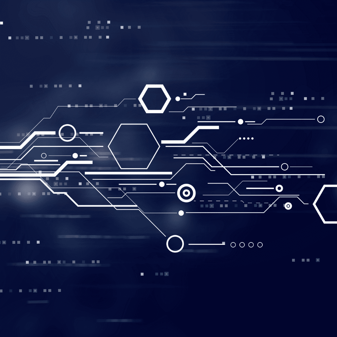 Abstract digital background with white geometric circuit lines, hexagons, and circles on a dark blue gradient. The design evokes technology, connectivity, and optimizing database performance through modern partitioning strategies.