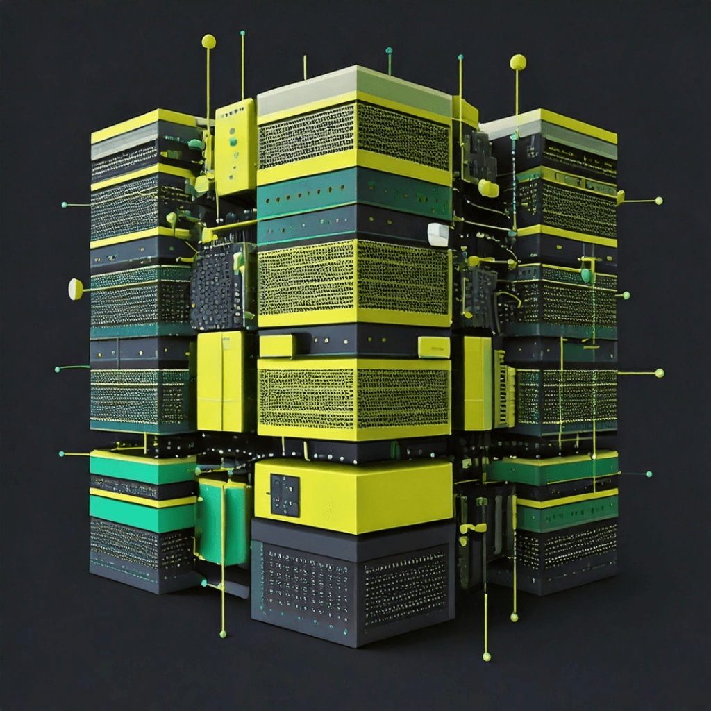 A digital illustration of a futuristic, cube-shaped server cluster in yellow, green, and black tones, streamlining Oracle patching to minimize downtime, with stacked modules featuring buttons, vents, and antennae against a dark background.