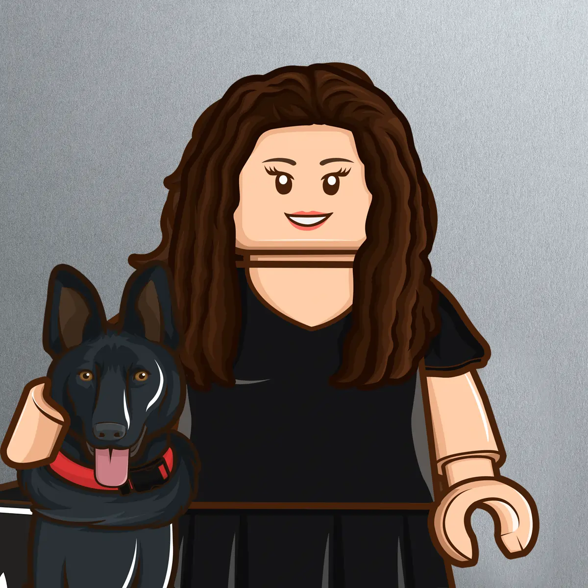 LEGO-style figure of a woman with long brown hair wearing a black dress, smiling, with one arm around a black dog with upright ears and a red collar, both in front of a plain gray background.