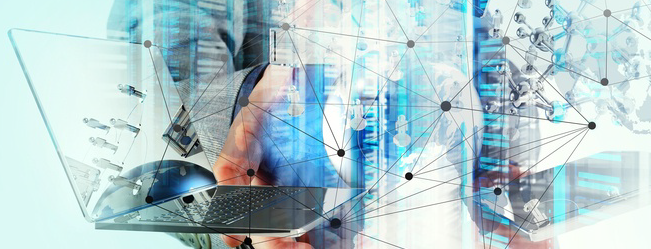 Double exposure of businessman shows modern technology as concept 1
