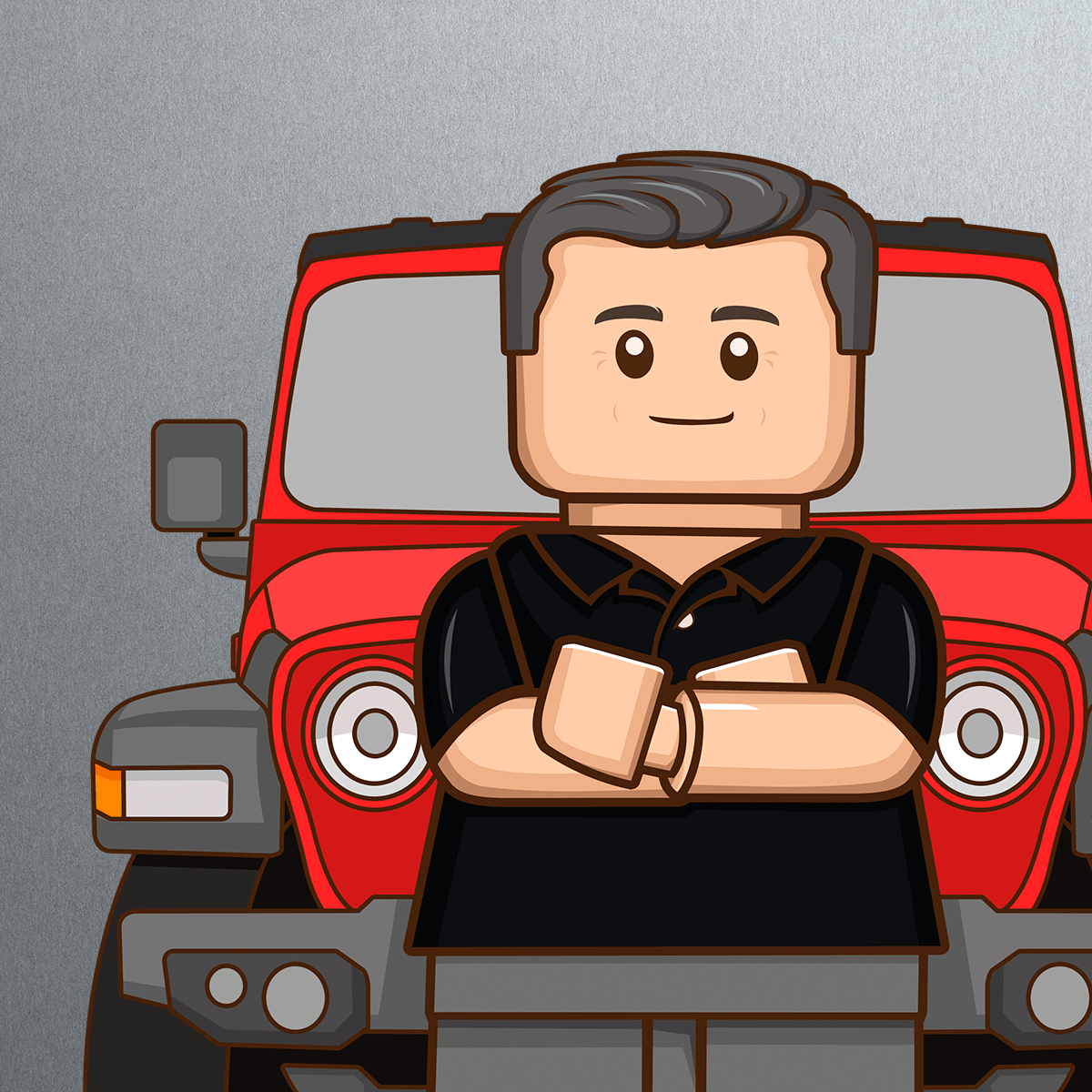 Cartoon-style illustration of a smiling man with crossed arms, black hair, and a black shirt standing in front of a red jeep against a gray background.