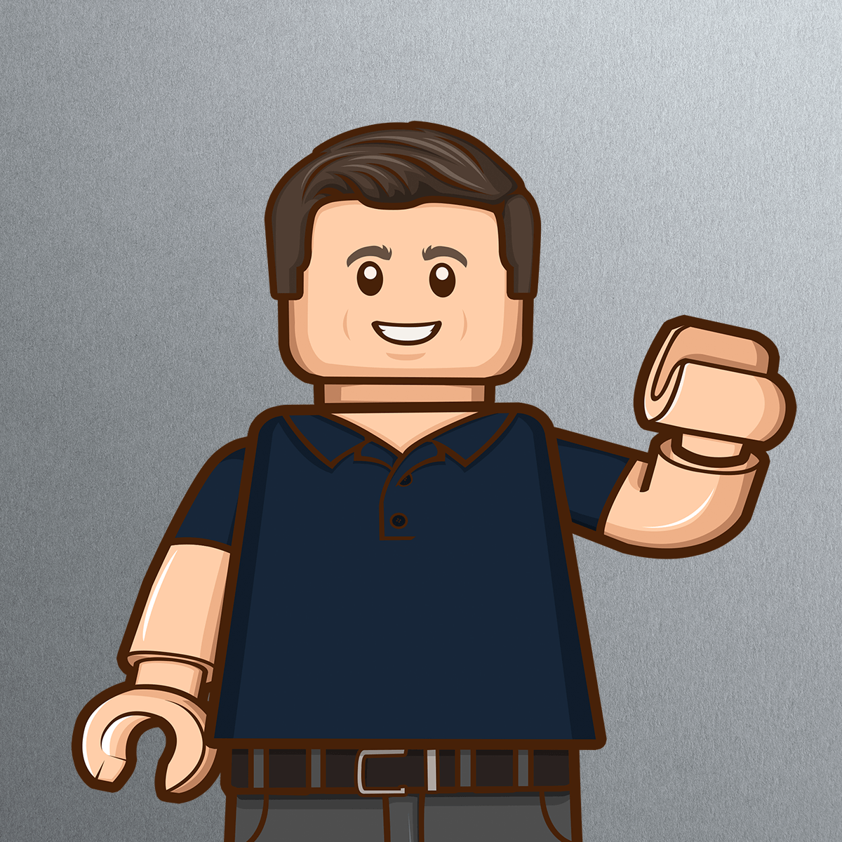 Illustration of a smiling LEGO-style figure resembling Jeff Sparrow, with dark hair, wearing a navy blue polo shirt and gray pants, raising one hand in a friendly wave. The background features a metallic, light gray gradient.