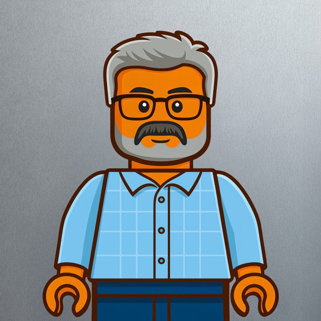 Illustration of a LEGO-style figure resembling John Joseph Sreejith, with gray hair, a mustache, and beard, wearing rectangular glasses, a light blue checkered shirt, and dark blue pants against a plain gray background.