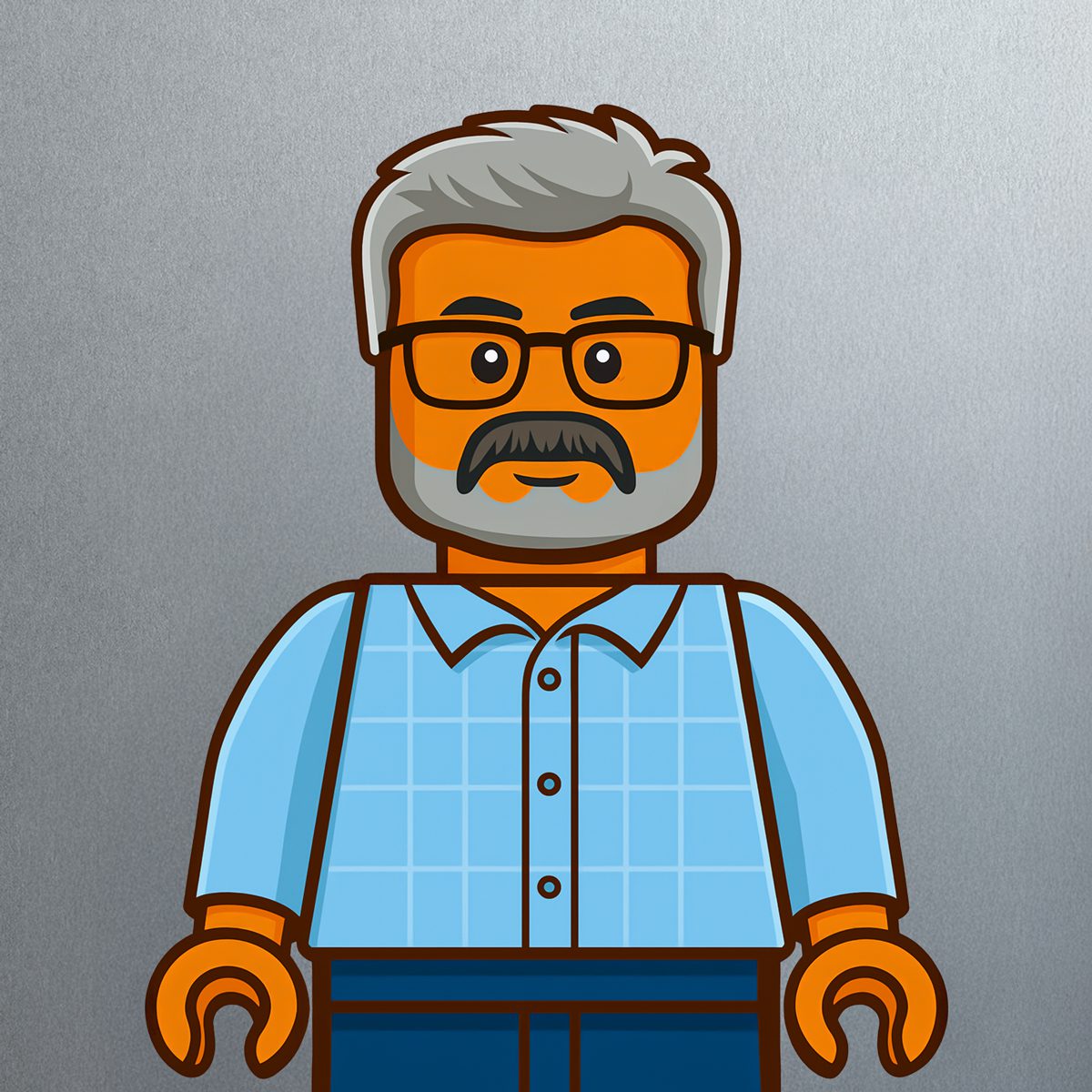Illustration of a LEGO-style figure resembling John Joseph Sreejith, with gray hair, a mustache, and beard, wearing rectangular glasses, a light blue checkered shirt, and dark blue pants against a plain gray background.