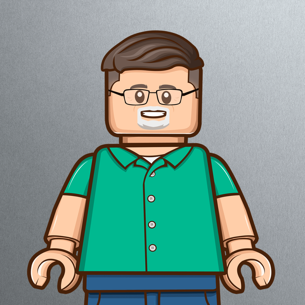 Lego-style illustration of John Whitehead, a smiling person with short brown hair, glasses, and a beard, wearing a green short-sleeve button-up shirt and blue pants against a gray background.