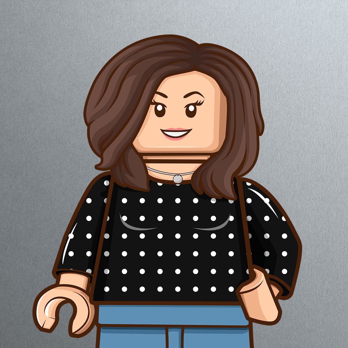 A LEGO-style figure inspired by Julie Rispoli, with wavy brown hair, a black polka dot top, blue jeans, and a necklace, stands smiling against a plain gray background, carrying a tan bag.
