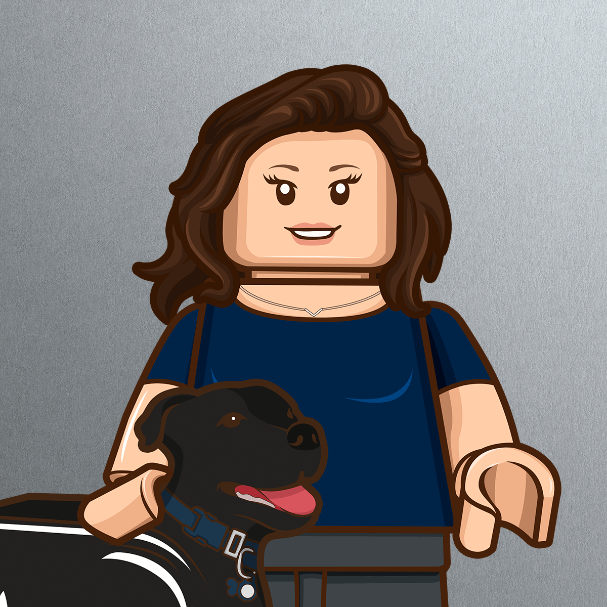 A LEGO-style illustration of a woman with wavy brown hair, smiling and wearing a navy blue top, standing next to a black dog with a blue collar. The background is a plain, metallic gray.