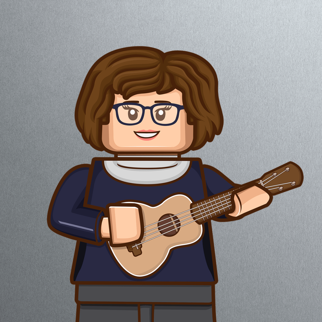 Illustration of a smiling LEGO-style figure resembling Laurel George, with brown hair and glasses, wearing a navy blue top, holding a brown acoustic guitar against a plain gray background.