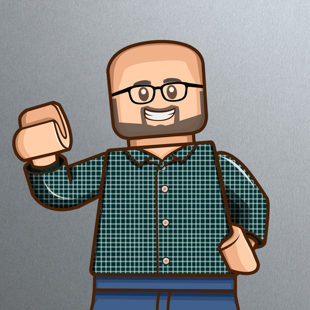 Cartoon LEGO-style figure resembling Matt Edwards, with glasses, a bald head, a beard, and a checked green shirt, smiling and raising one hand in a friendly gesture against a gray background.