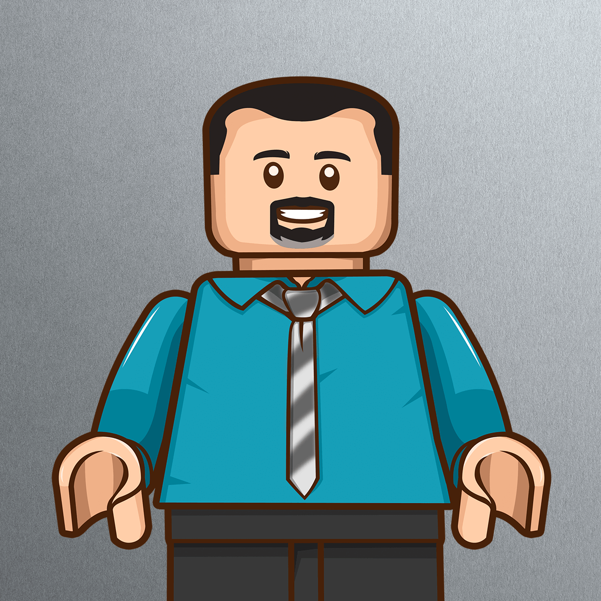 Illustration of a smiling LEGO-style figure with short dark hair, a goatee, wearing a blue shirt, gray striped tie, and dark pants, standing against a metallic gray background.