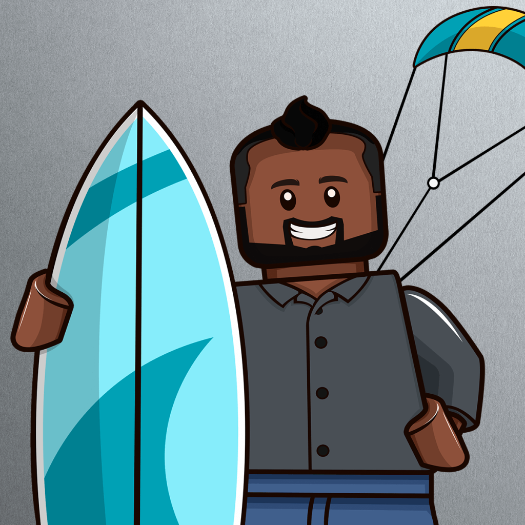 A smiling LEGO-style figure with dark skin and a beard holds a blue and white surfboard. In the background, a yellow and teal striped kite is visible against a gray backdrop.