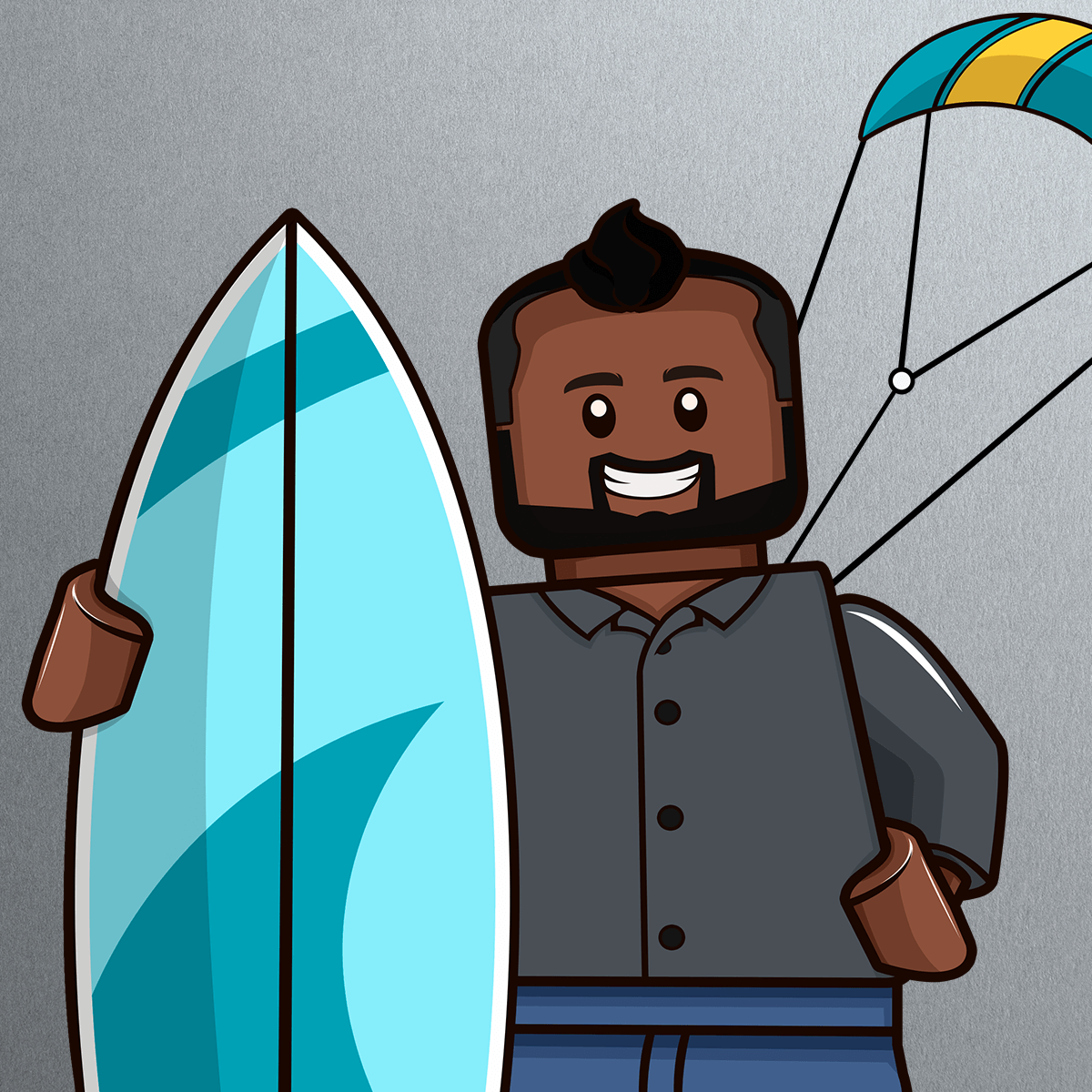 A smiling LEGO-style figure with dark skin and a beard holds a blue and white surfboard. In the background, a yellow and teal striped kite is visible against a gray backdrop.