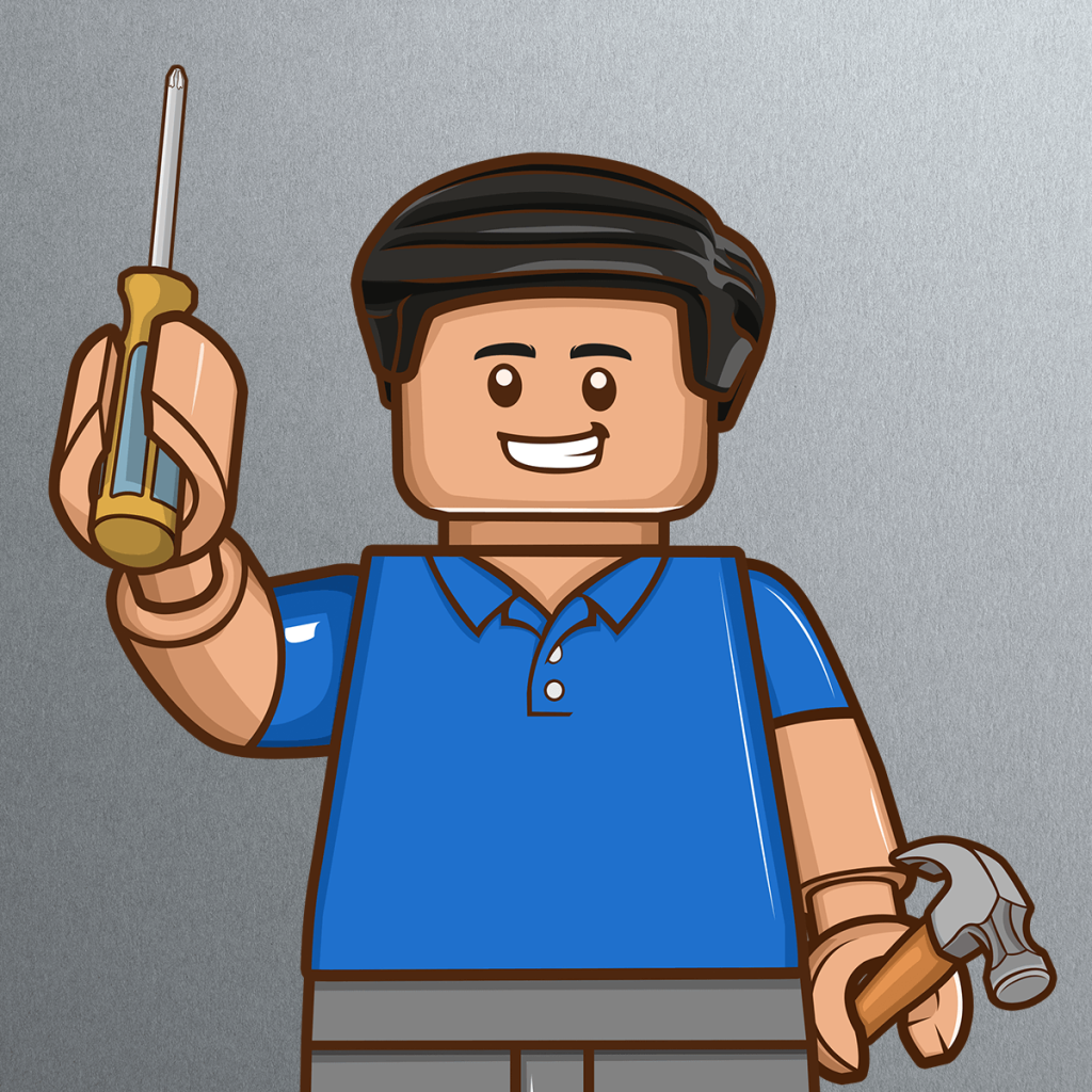 A smiling LEGO-style figure with black hair, resembling Rakesh Gujar, wears a blue shirt and stands against a gray background, holding a screwdriver in one hand and a hammer in the other.