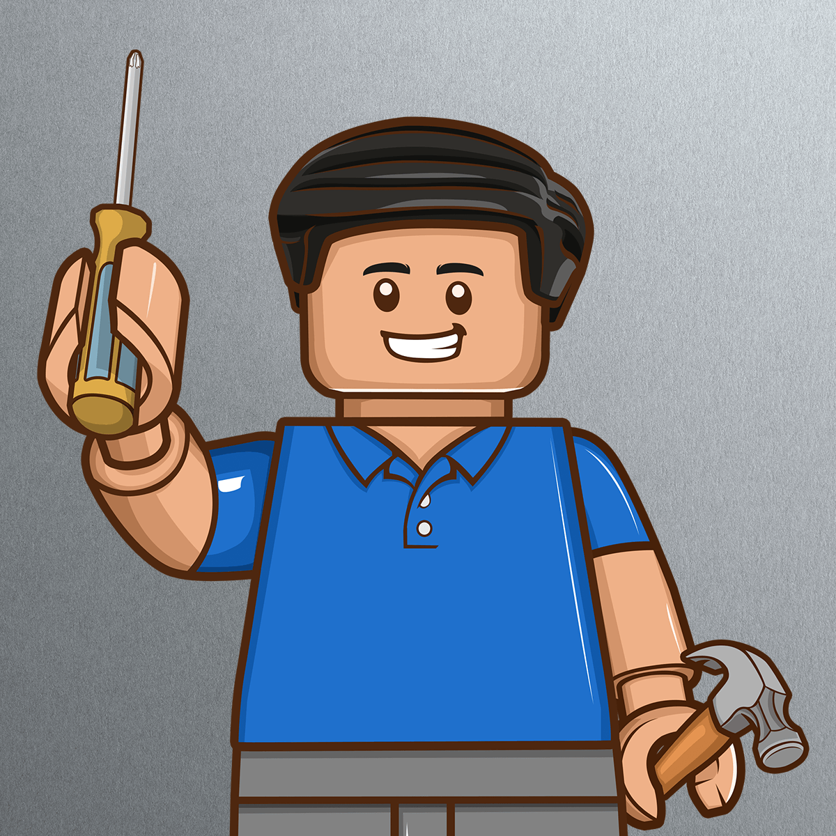 A smiling LEGO-style figure with black hair, resembling Rakesh Gujar, wears a blue shirt and stands against a gray background, holding a screwdriver in one hand and a hammer in the other.