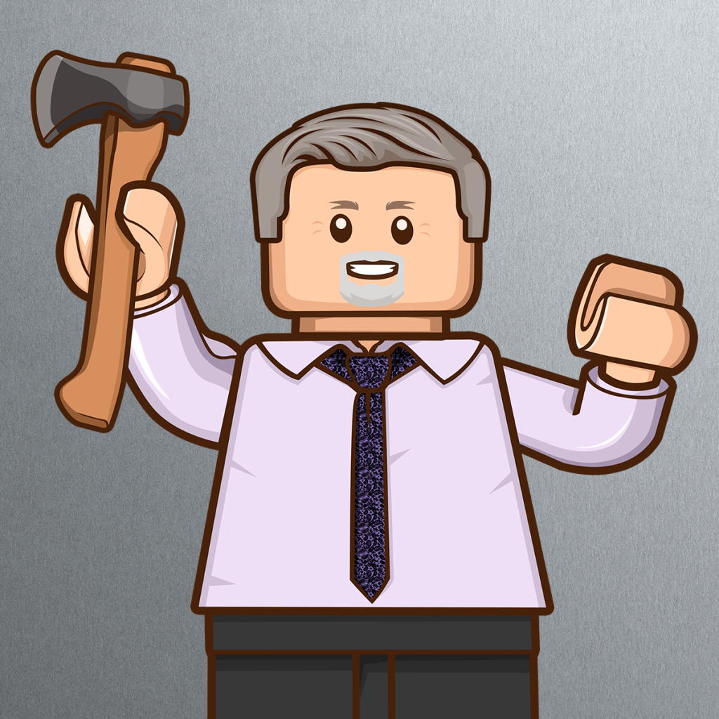 A LEGO-style figure with gray hair and a goatee, wearing a light purple shirt and dark tie, smiles and holds an axe in one hand and a rolled-up paper in the other, against a gray background.