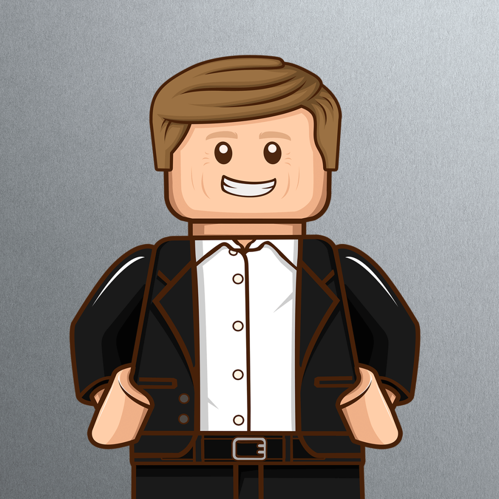 A smiling LEGO-style figure with light skin, side-parted brown hair, a black suit, white dress shirt, and a black belt, standing against a plain gray background.